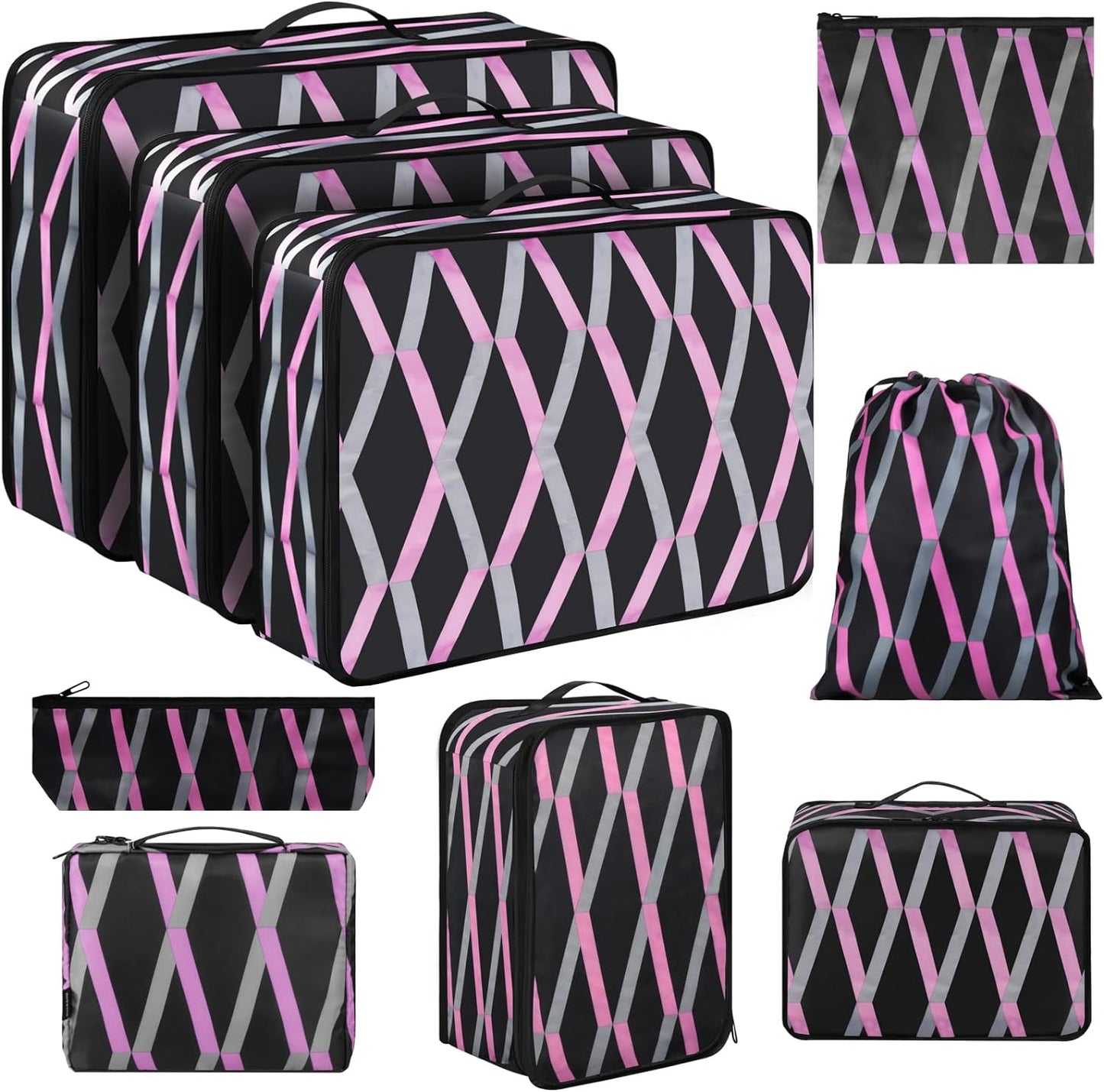 Ougrand 9 Set Packing Cubes Luggage Packing Organizers for Travel Accessories Space Saving Travel Bags for Carry On, Lightweight Mesh Zipper, Clothes, Shoes and Laundry Bag, Suitcases (Pink Streak)