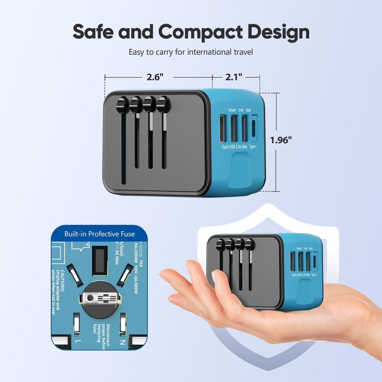 Universal Travel Adapter, Worldwide Travel Power Adapter, International Travel Plug All in One Power Plug Adapter with USB C Port Fast Wall Charging for European, Italy, US, AU & More 170 Countries