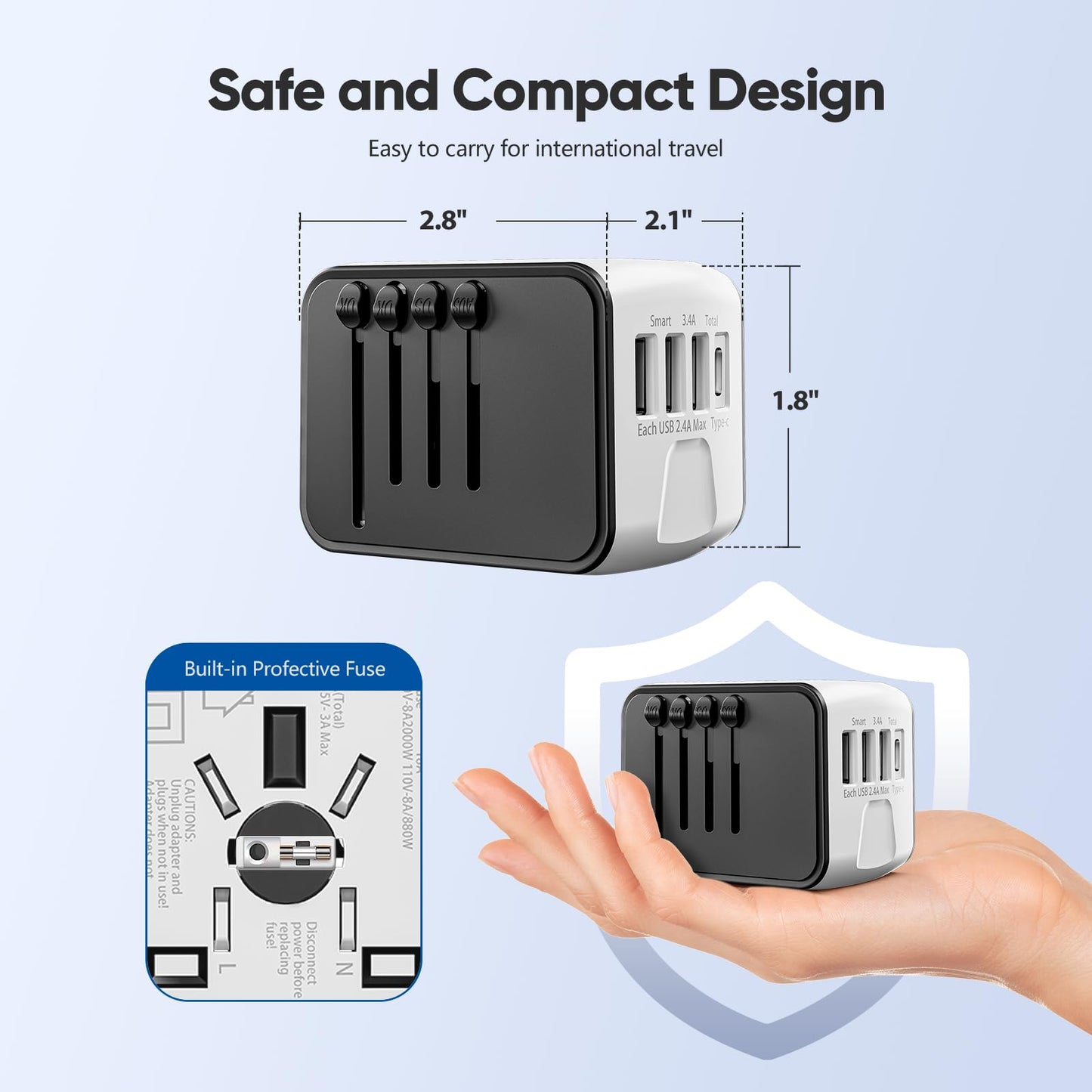 Universal Travel Adapter, Worldwide Travel Power Adapter, International Travel Plug All in One Power Plug Adapter with USB C Port Fast Wall Charging for European, Italy, US, AU & More 170 Countries