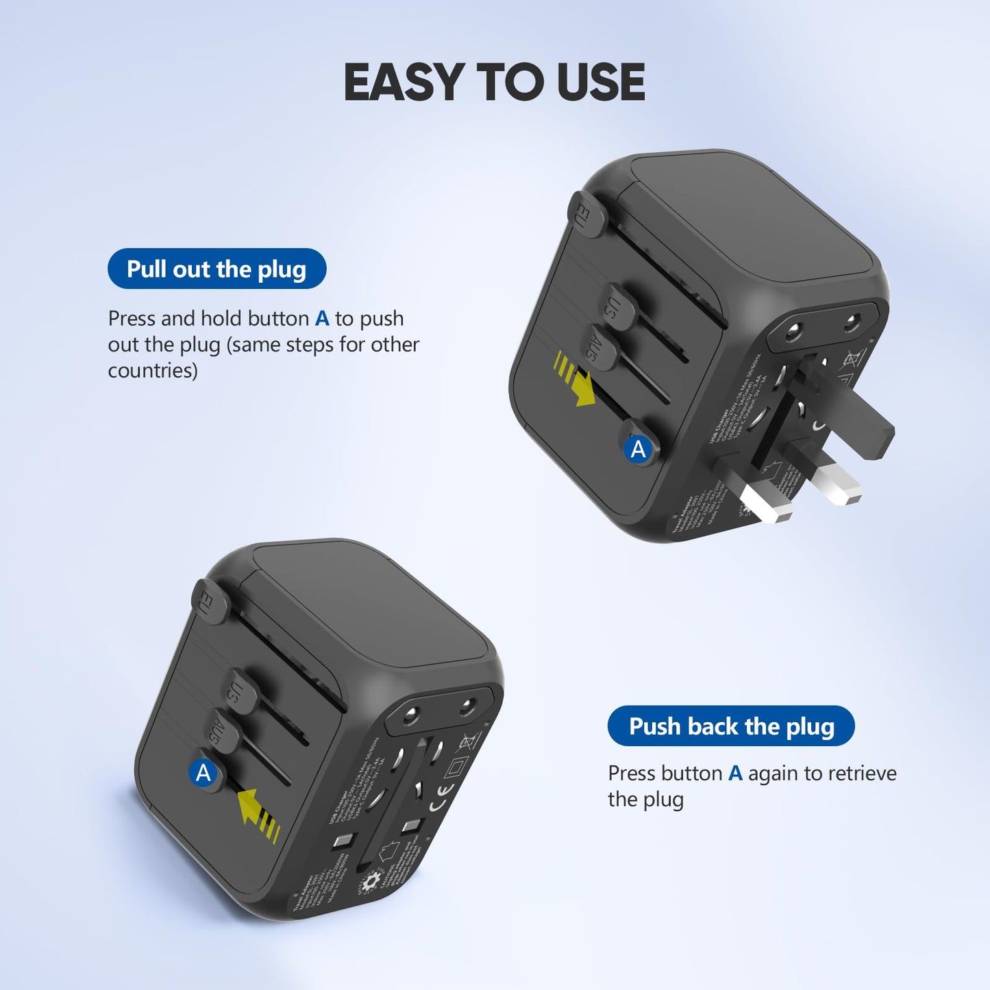 Universal Travel Adapter, Worldwide Travel Power Adapter, International Travel Plug All in One Power Plug Adapter with USB C Port Fast Wall Charging for European, Italy, US, AU & More 170 Countries