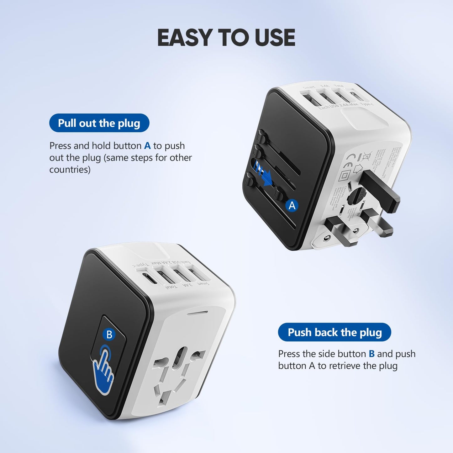 Universal Travel Adapter, Worldwide Travel Power Adapter, International Travel Plug All in One Power Plug Adapter with USB C Port Fast Wall Charging for European, Italy, US, AU & More 170 Countries