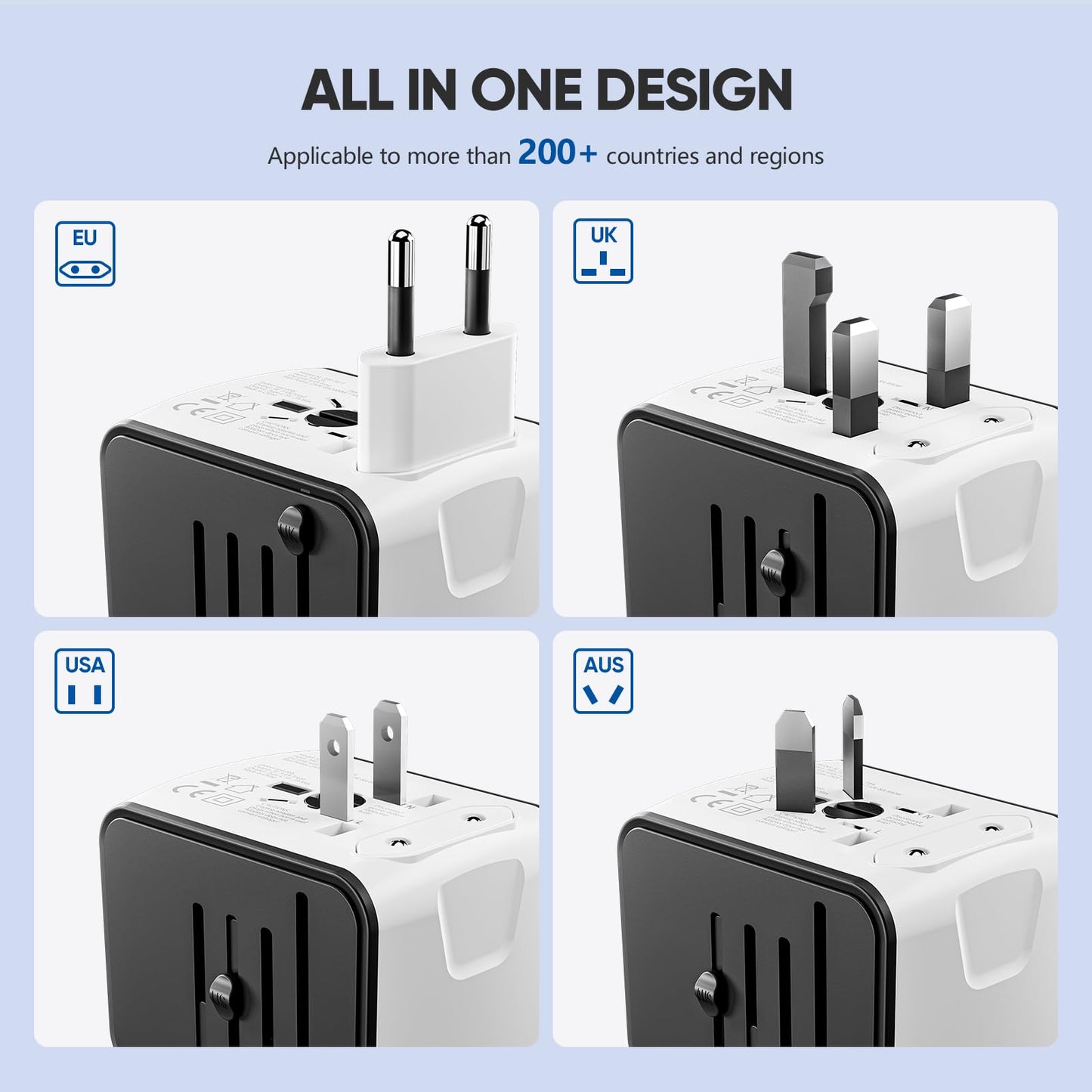 Universal Travel Adapter, Worldwide Travel Power Adapter, International Travel Plug All in One Power Plug Adapter with USB C Port Fast Wall Charging for European, Italy, US, AU & More 170 Countries