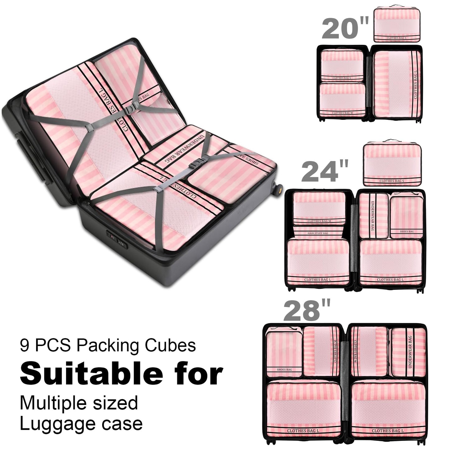 Ougrand 9 Set Packing Cubes Luggage Packing Organizers for Travel Accessories Space Saving Travel Bags for Carry On, Lightweight Mesh Zipper, Clothes, Shoes and Laundry Bag, Suitcases (Pink Streak)