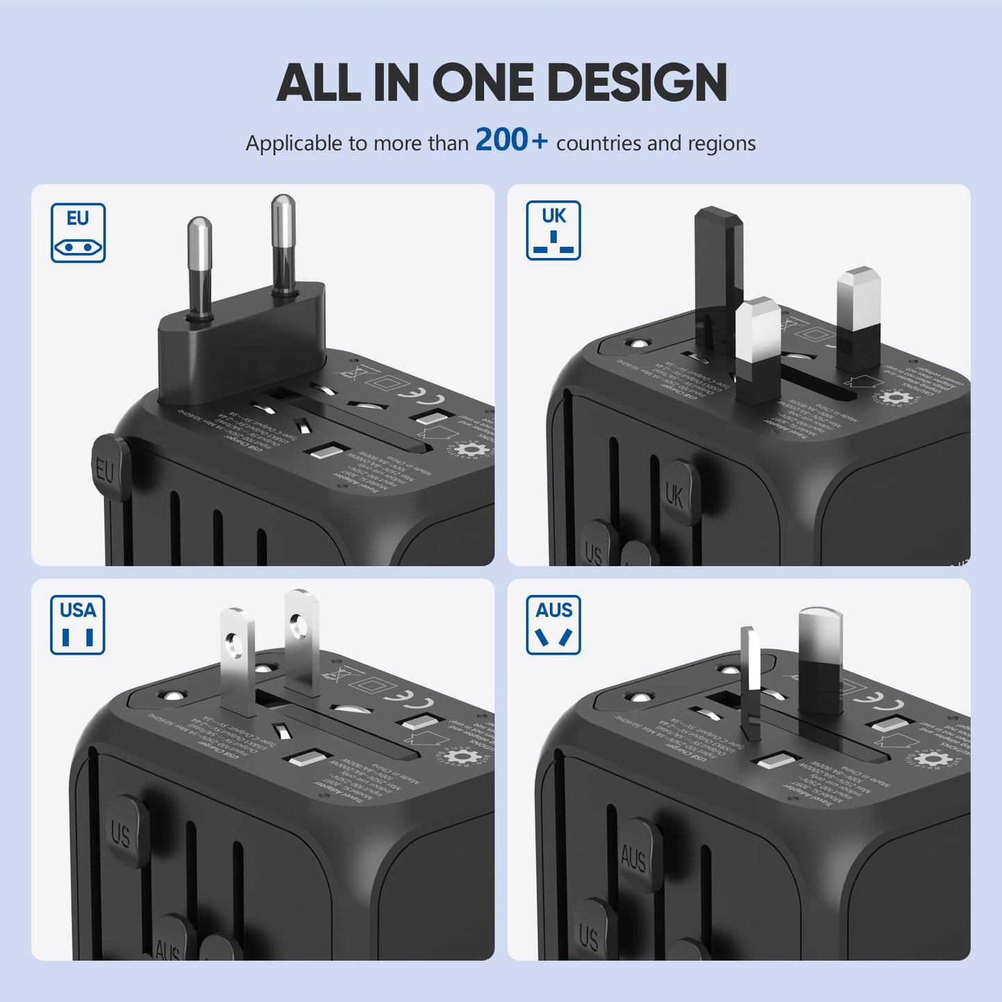 Universal Travel Adapter, Worldwide Travel Power Adapter, International Travel Plug All in One Power Plug Adapter with USB C Port Fast Wall Charging for European, Italy, US, AU & More 170 Countries