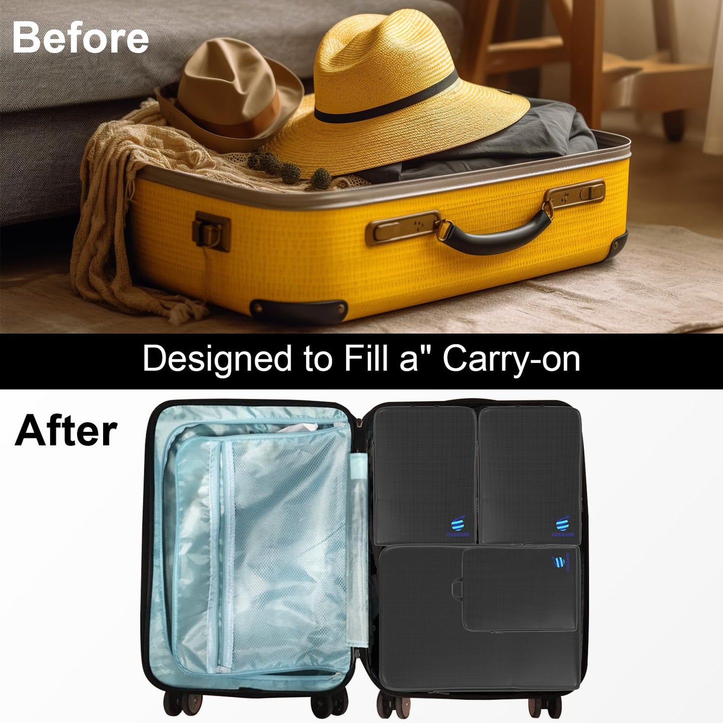 Ougrand Compression Packing Cubes for Travel - 4 Set Expandable Luggage Packing Organizers Compression Packing Cubes for Carry-on Suitcases Travel Essentials Bags