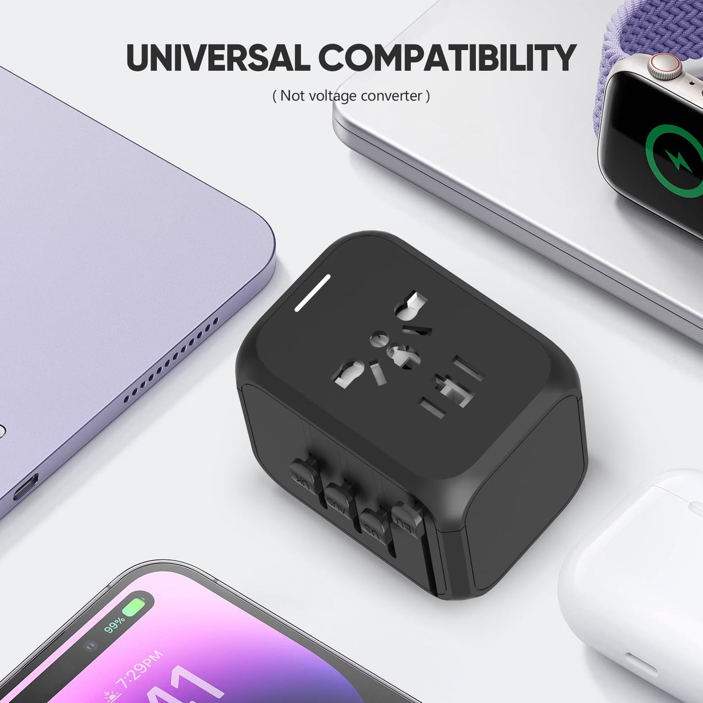 Universal Travel Adapter, Worldwide Travel Power Adapter, International Travel Plug All in One Power Plug Adapter with USB C Port Fast Wall Charging for European, Italy, US, AU & More 170 Countries