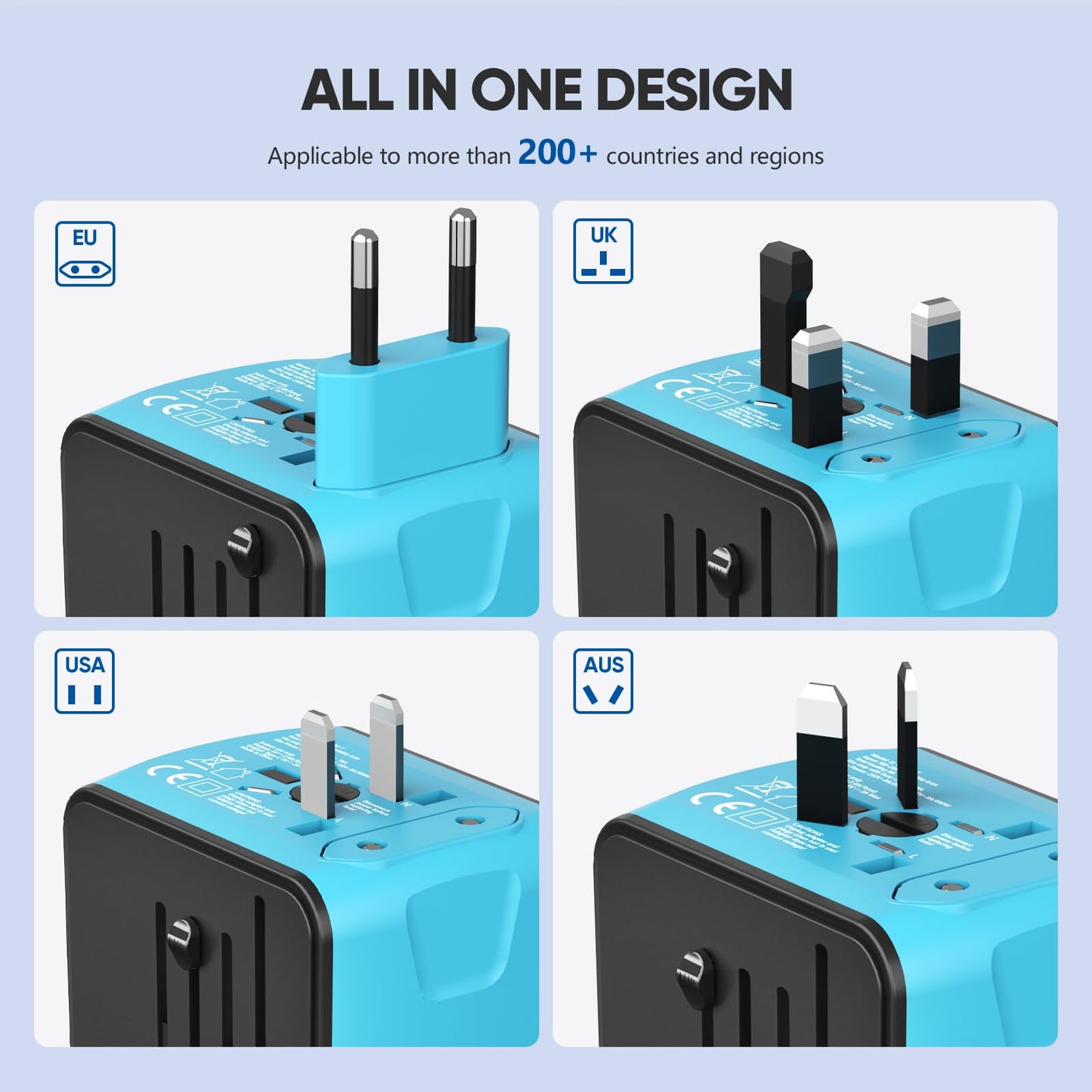 Universal Travel Adapter, Worldwide Travel Power Adapter, International Travel Plug All in One Power Plug Adapter with USB C Port Fast Wall Charging for European, Italy, US, AU & More 170 Countries