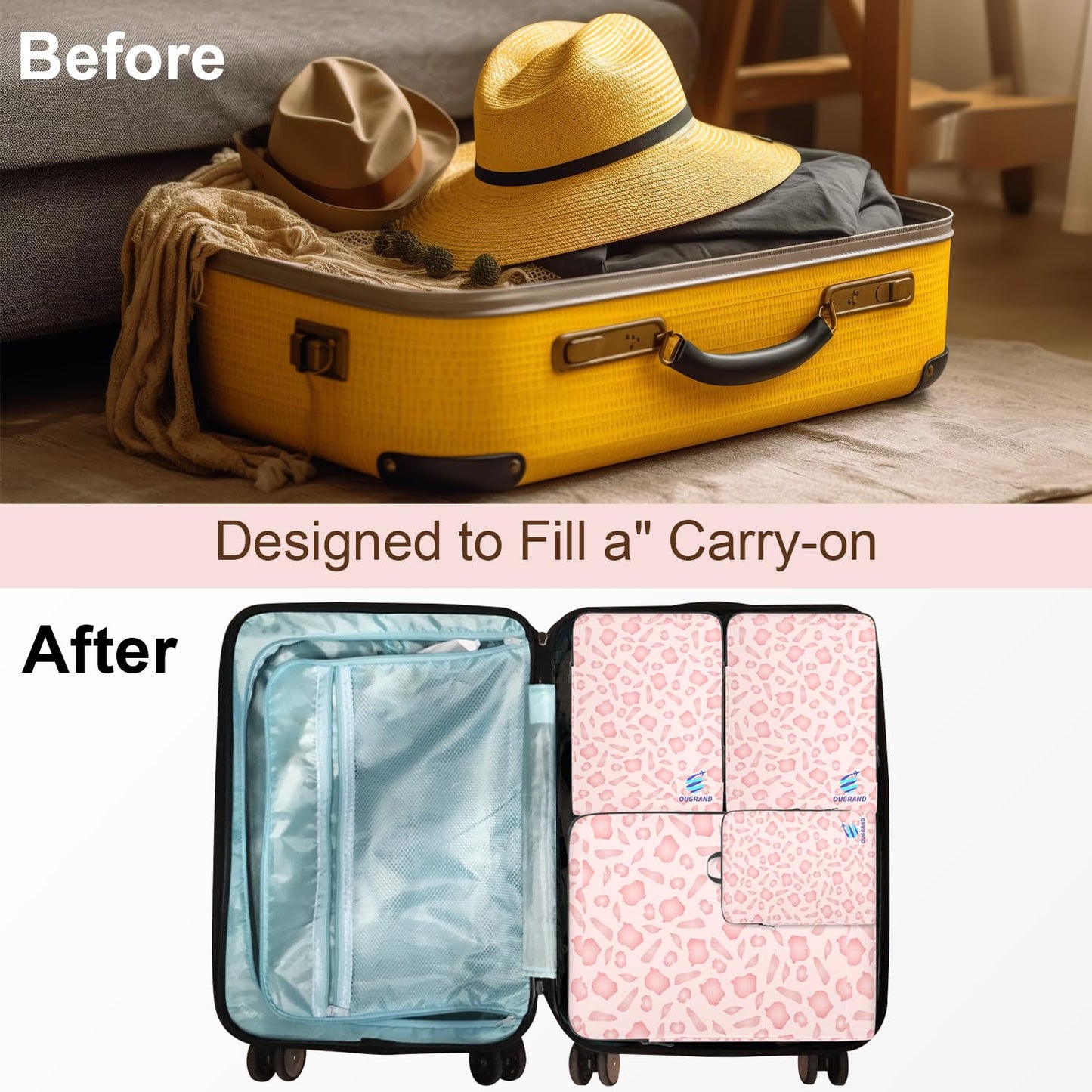 Ougrand Compression Packing Cubes for Travel - 4 Set Expandable Luggage Packing Organizers Compression Packing Cubes for Carry-on Suitcases Travel Essentials Bags