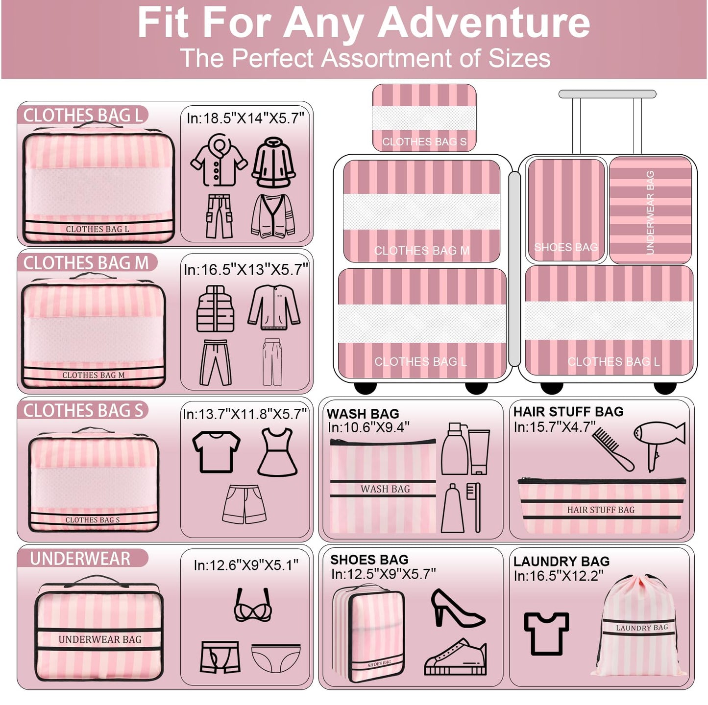 Ougrand 9 Set Packing Cubes Luggage Packing Organizers for Travel Accessories Space Saving Travel Bags for Carry On, Lightweight Mesh Zipper, Clothes, Shoes and Laundry Bag, Suitcases (Pink Streak)